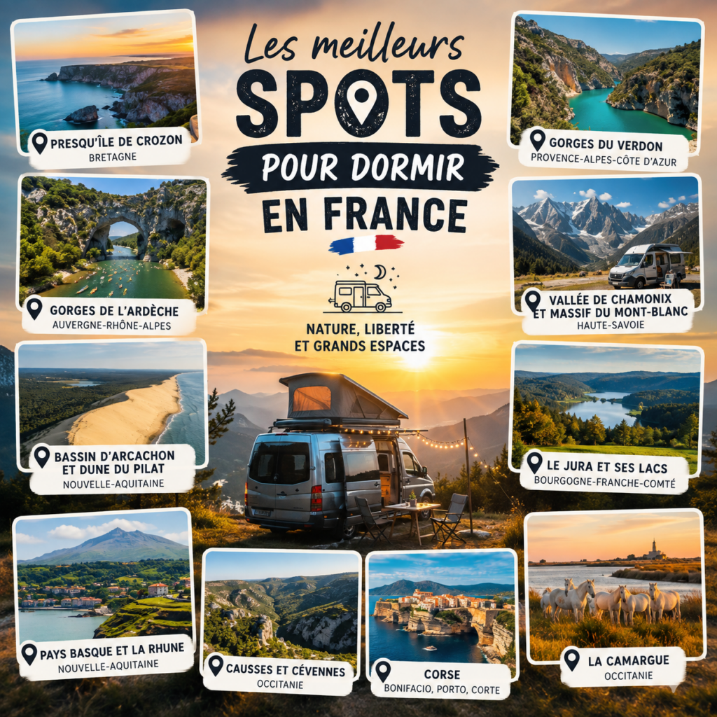 plus beaux spots pour dormir en van en France avec images des divers spots et un van aménagé