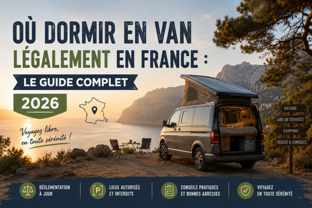 Où dormir en van légalement en France, photo d'un van devant paysage avec explications