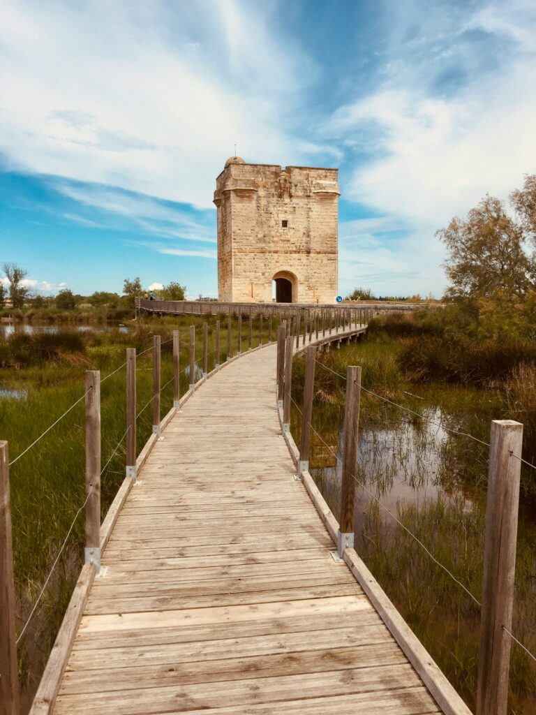 Ponton de bois menant a une grande porte en pierre en camargue
